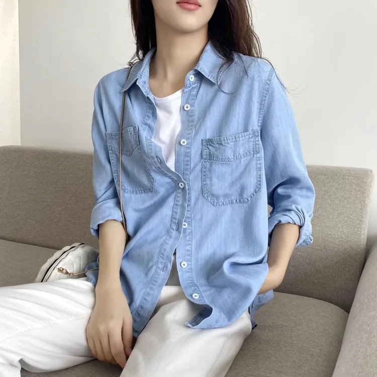 垂感牛仔衬衫女韩版春秋季新品纯色宽松百搭柔软长袖衬衣叠穿外套