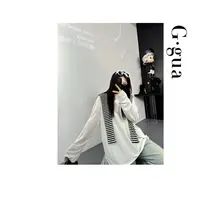 【张_Ggua】大码韩版慵懒风白色长袖T恤女秋季中长款上衣+条纹披肩