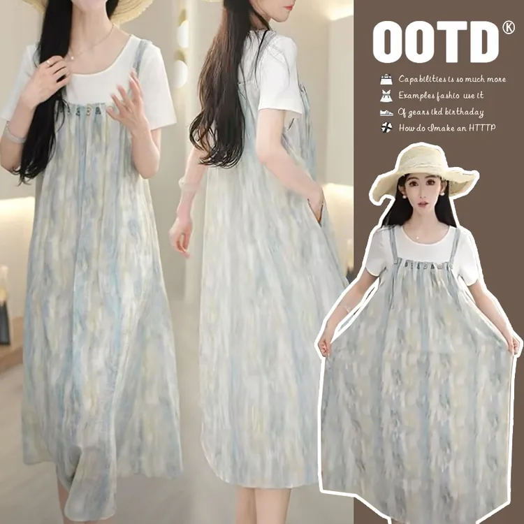孕妇连衣裙夏装2026新款韩版时尚薄荷曼波扎染拼接假两件孕妇裙子
