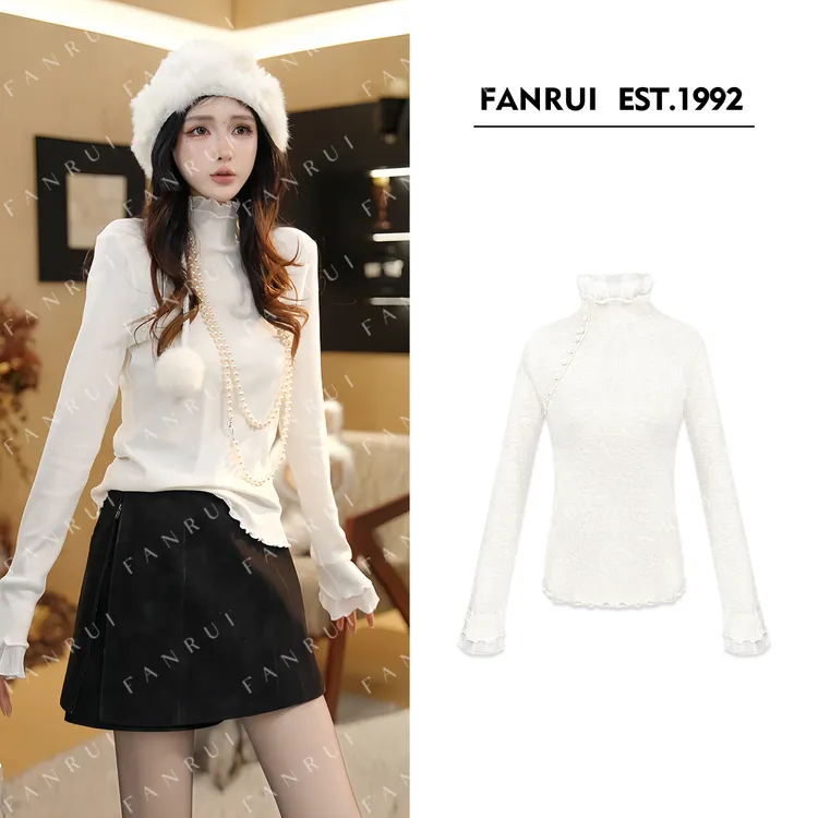 FANRUI/泛芮 「摩卡针织」羊毛斜边扣蕾丝拼接减龄气质打底衣B19332