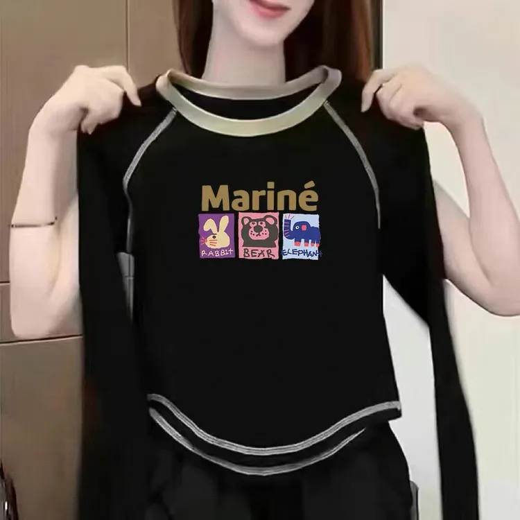 女童春秋季拼接长袖t恤2025新款中大童韩版宽松洋气百搭打底衫潮
