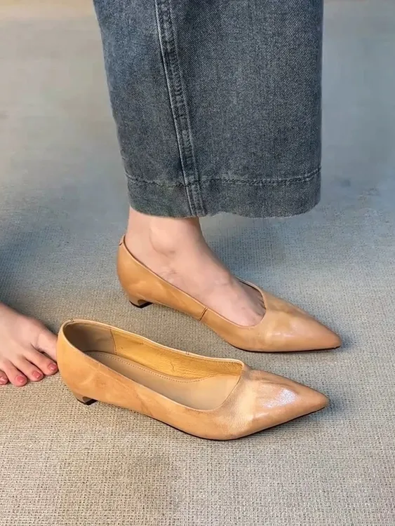 羊皮版~新款文艺风一脚蹬尖头单鞋女简约粗跟软皮复古通勤工作鞋