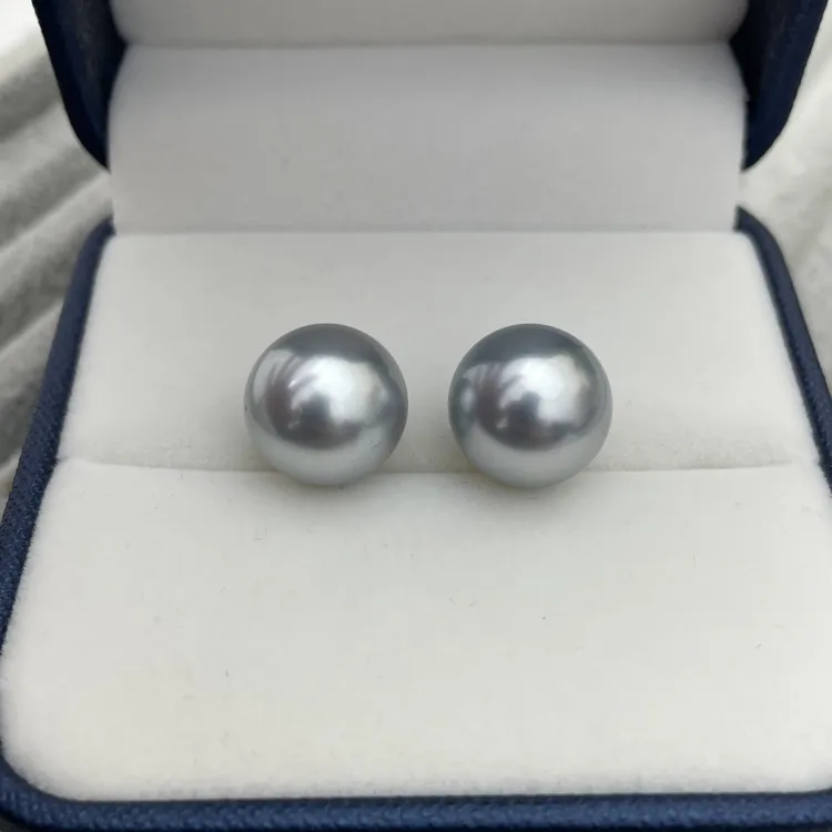 海水珍珠大溪地黑珍珠铂金灰13-14mm18k金素钉