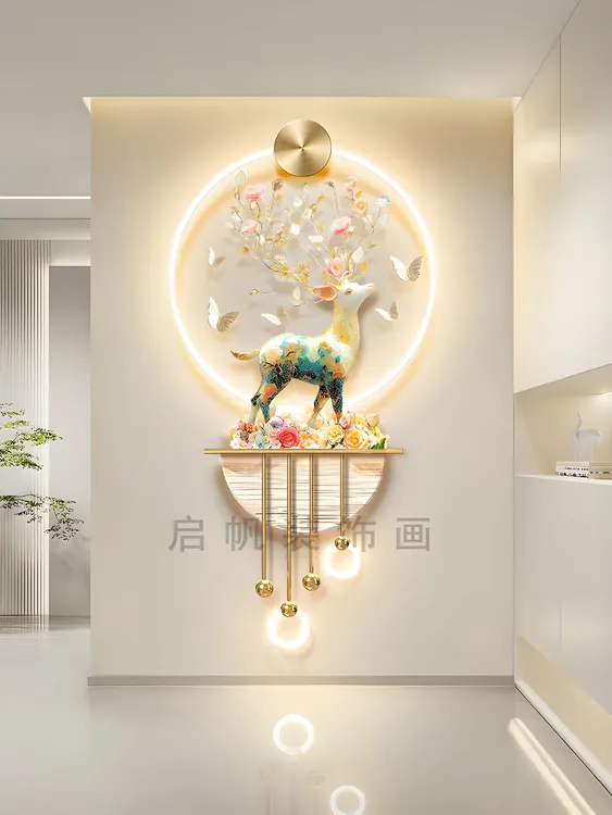 一路生花麋鹿吉祥玄关装饰画奶油风蝴蝶花卉神鹿走廊入户门挂画