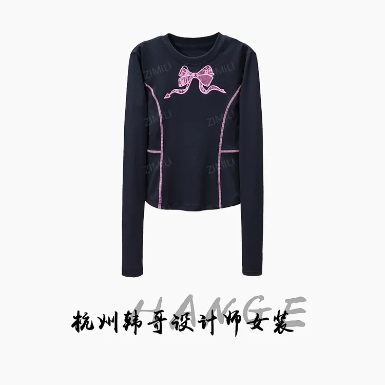 【韩哥女装】设计师《春日迟迟》午夜黑撞色蕾丝刺绣圆领长袖衫6287