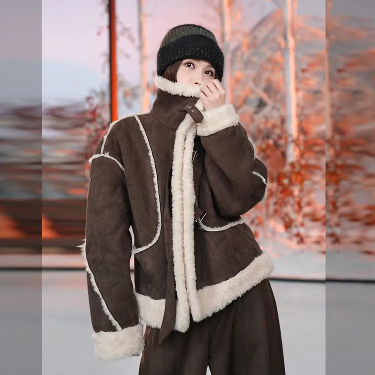 溶溶【奢暖咖棕】RONGRONG 100羊毛内里巴恩风美拉德麂皮外套RRY03