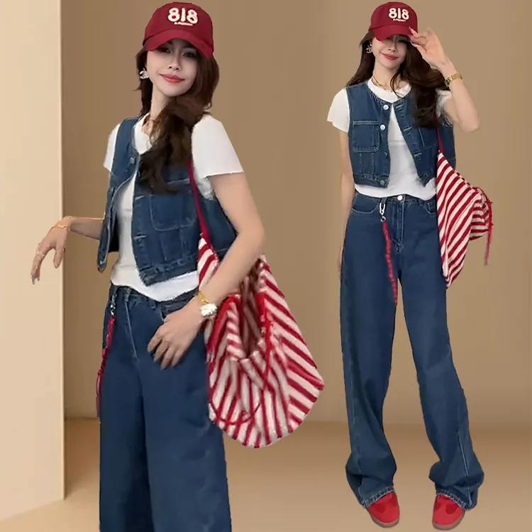 港味复古牛仔马甲拖地裤套装女2025夏季设计感马甲高腰阔腿裤套装