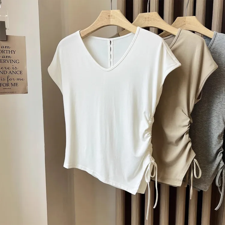 白色v领短袖t恤女夏季薄款2025设计感抽绳收腰后背镂空小飞袖上衣