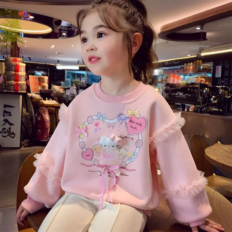 公主风女童一体绒圆领卫衣冬装2025新款儿童韩版卡通印花儿童衣服