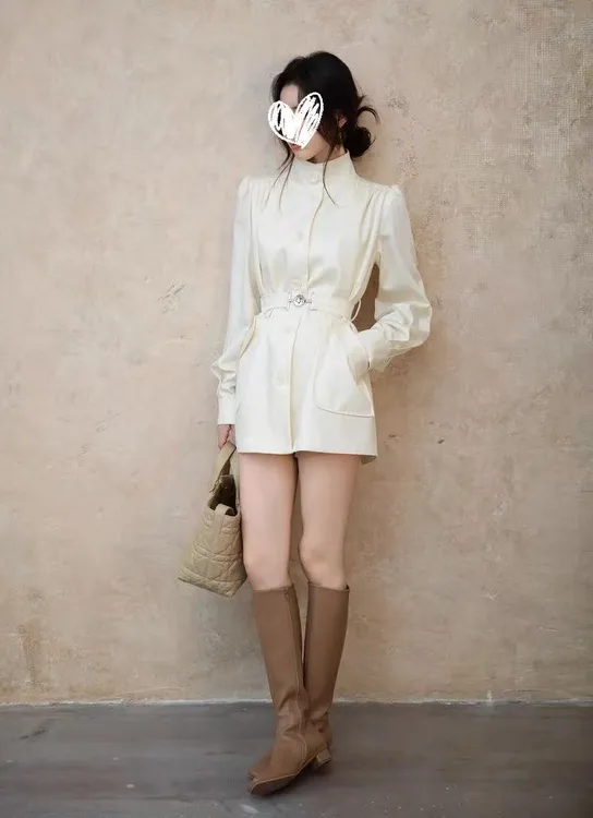 金风立领泡泡袖系带收腰短款风衣外套女 8136#