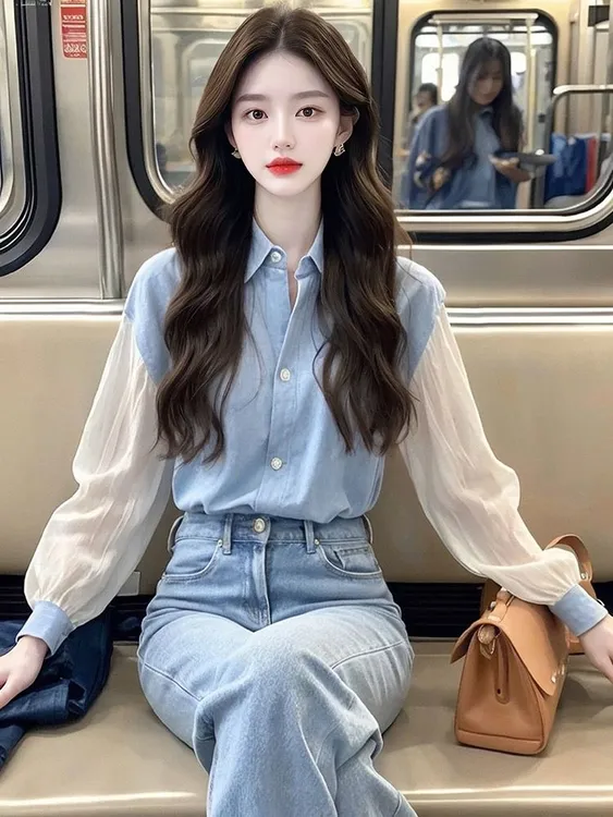 女士秋装法式翻领拼色上衣高级感时尚百搭长袖衬衫显瘦遮肚小衫