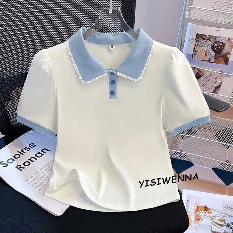 大码正肩短袖t恤女夏季2025新款胖mm假两件娃娃领上衣洋气polo衫