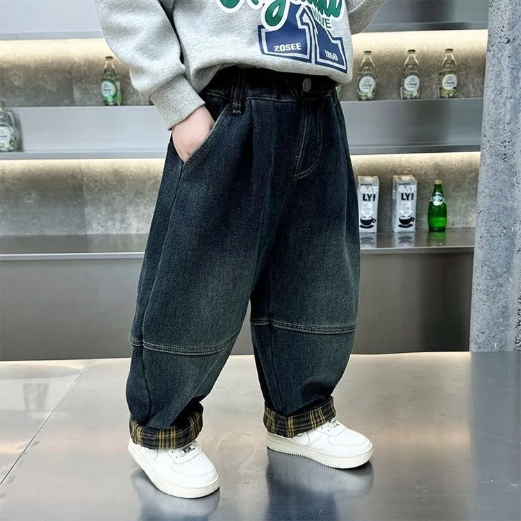 加绒老爹裤男童长裤牛仔裤冬季一体绒宽松时尚撞色百搭帅气中小童