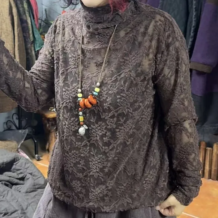 复古高领蕾丝打底衫