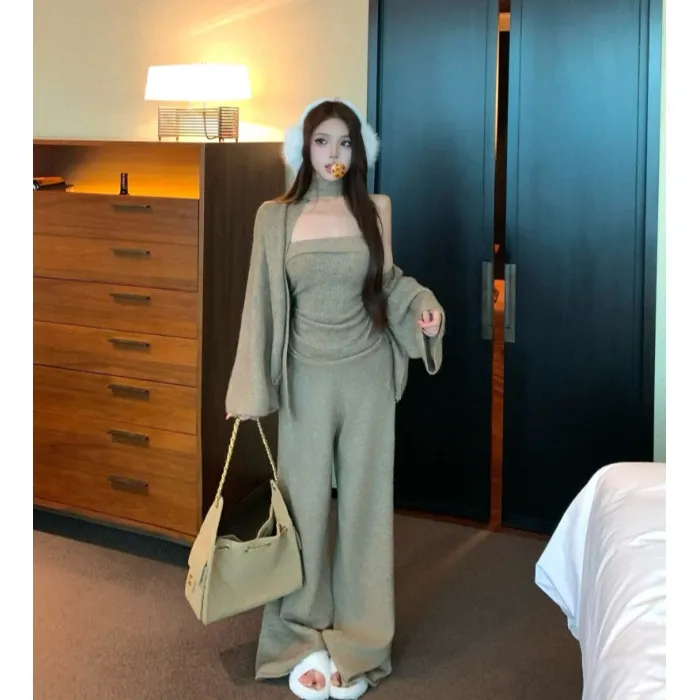 慵懒风飘带长袖毛衣外套抹胸背心女秋季休闲套装针织阔腿裤三件套