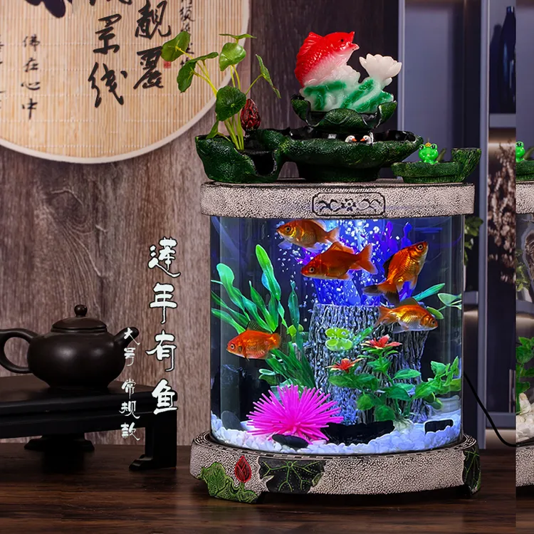 新款桌面家用圆形鱼缸斗鱼鱼缸加湿创意生态流水景观缸大号