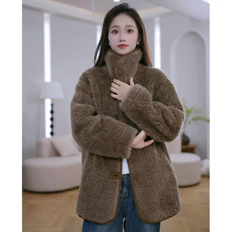 HANYU/韩禹TF226新款100%羊毛外套女显瘦中长款保暖加厚双面穿