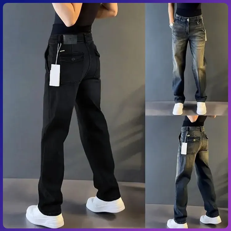 宽松垂感直筒牛仔裤男士秋秋冬百搭欧货休闲裤轻奢摩托车链条