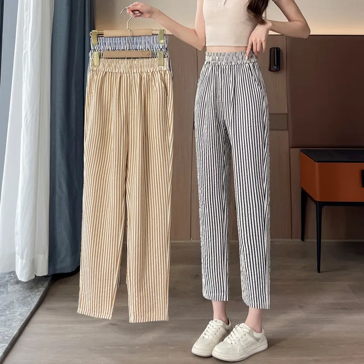 八分/九分黑白竖条纹哈伦裤夏季薄款宽松显瘦烟管裤小个子休闲裤