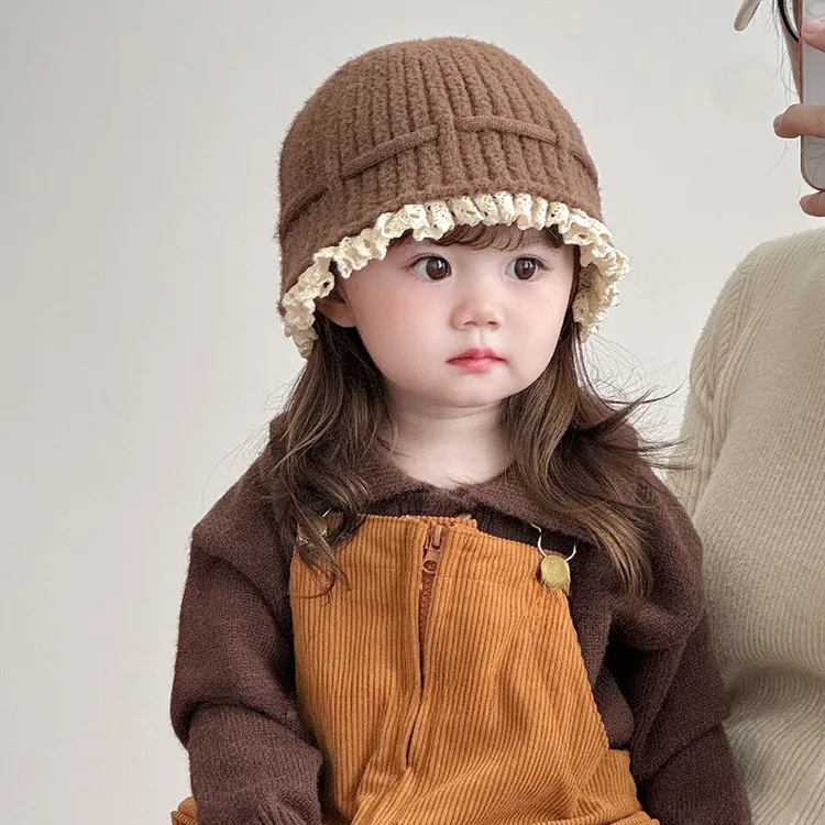 韩版蕾丝花边针织渔夫帽女童宝宝秋冬季款毛线帽保暖防风套头帽子