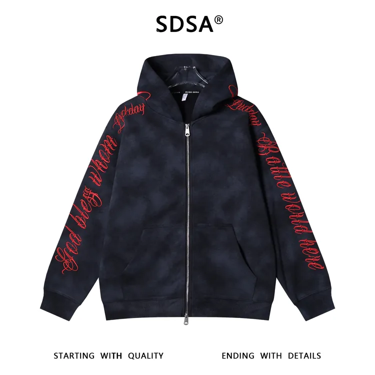 SDSA男士秋冬新款痞帅男装美式扎染撞色刺绣字母拉链连帽卫衣百搭