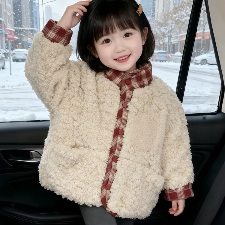 2025爆款两面穿韩系女宝宝加厚保暖外套冬季新款格子立领棉衣潮童