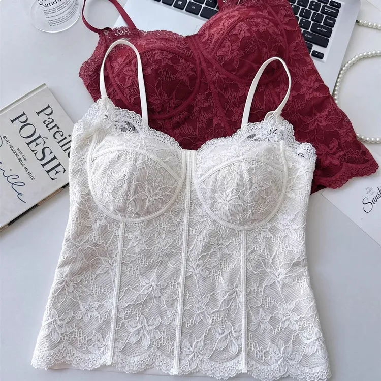 秋冬磨毛法式蕾丝纯欲吊带美背一体杯免穿文胸背心女修身显瘦6100
