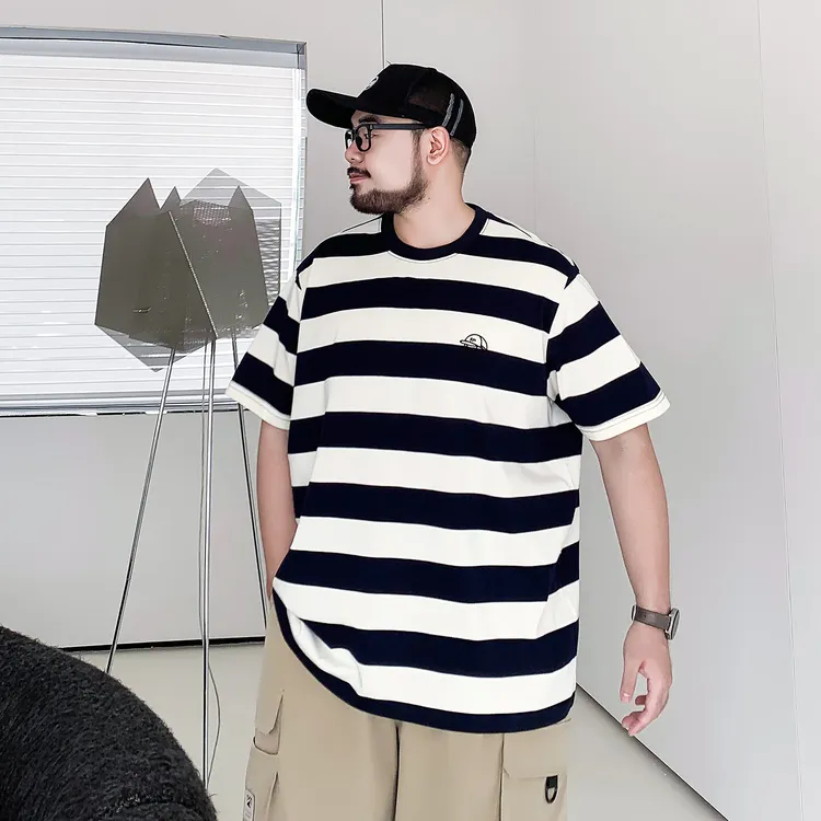 VTOS维特沃森大码男装胖子休闲条纹圆领短袖T恤宽松半袖男夏季
