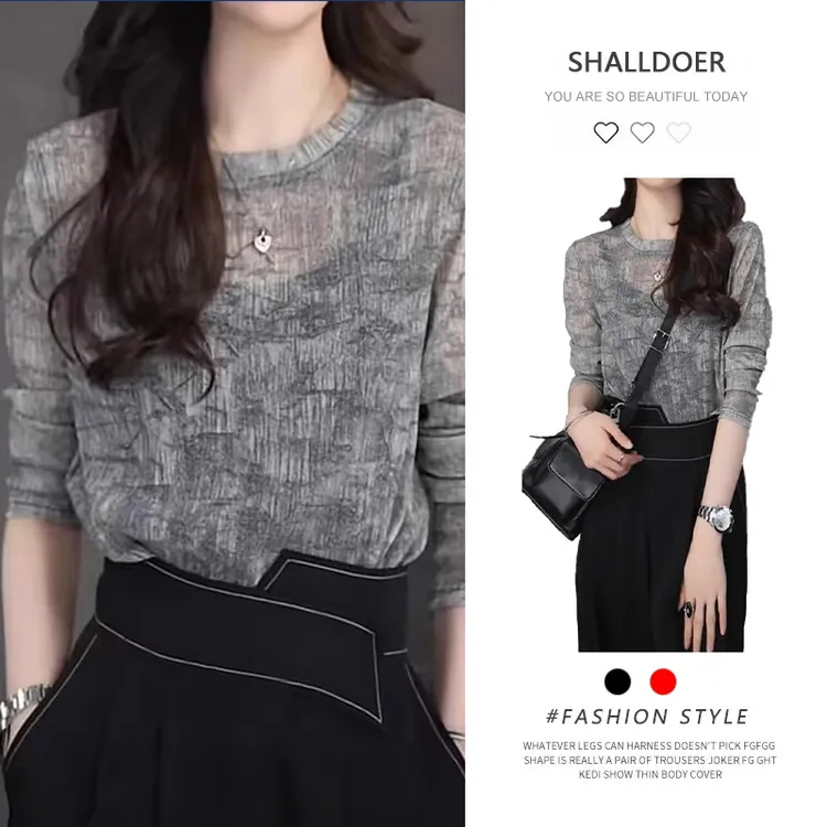 高级感灰色潮流扎染圆领长袖t恤女2025夏季新款洋气衣服轻薄上衣