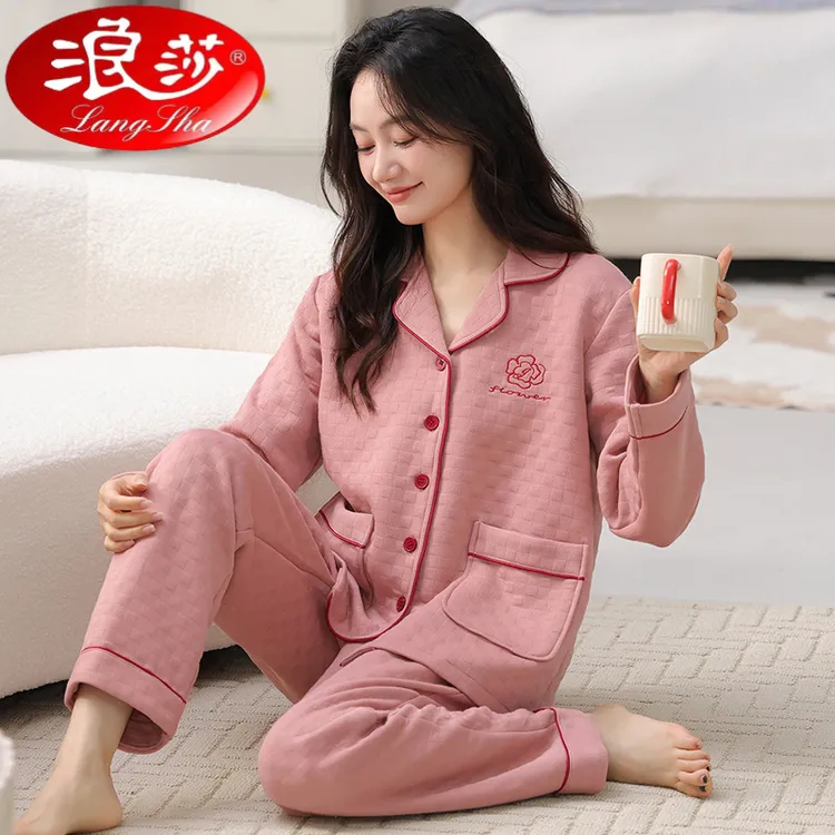 浪莎睡衣女士秋冬款新款长袖开衫夹棉加厚保暖冬天厚款家居服套装