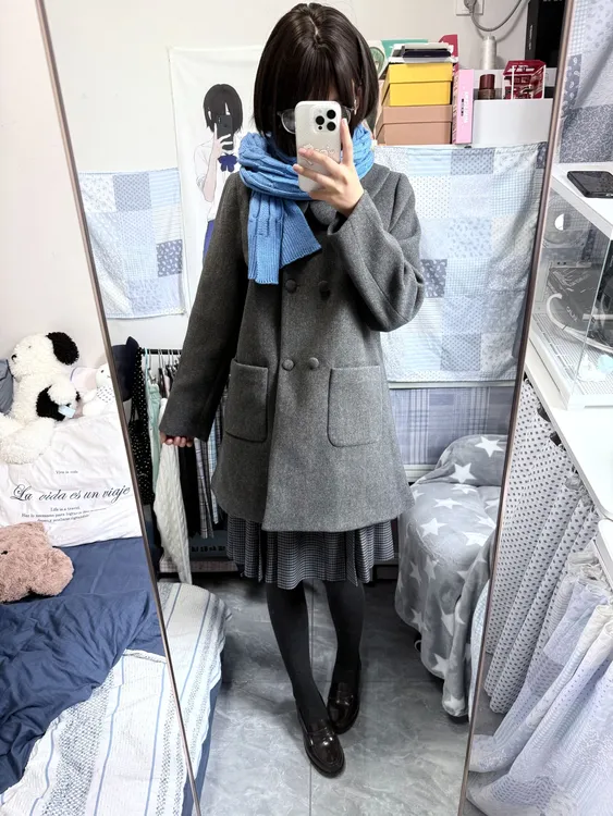 绒月岛原创jk大衣灰色圆领呢子大衣秋冬季百搭短款小个子外套