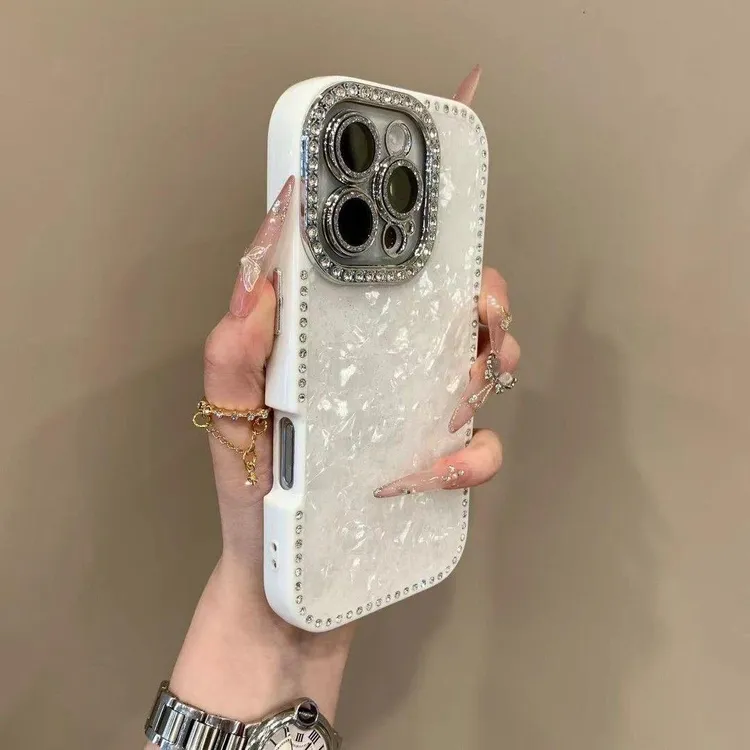 轻奢奶油粉贝壳纹闪钻适用iPhone16promax手机壳15pro个性14防摔