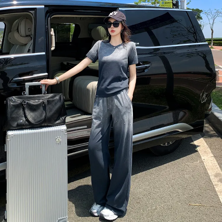 韩系巨好看的夏装套装女时尚减龄休闲运动渐变色短袖阔腿裤两件套
