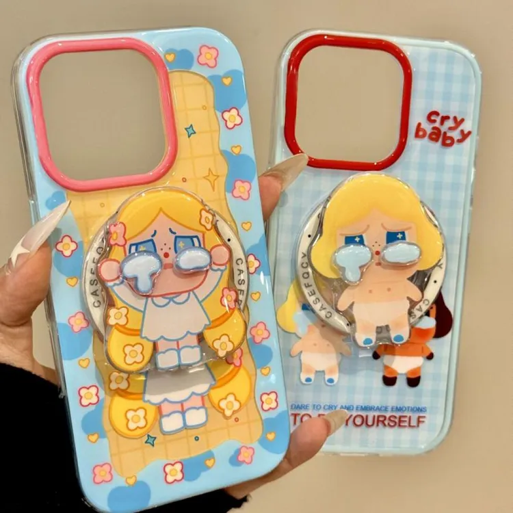 卡通可爱格纹花边长发哭娃磁吸支架适用iPhone16promax手机壳