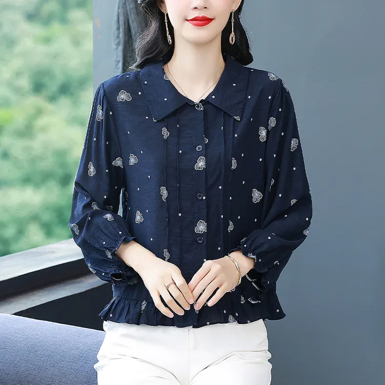 时尚设计感POLO领印花气质衬衫秋季显瘦减龄百搭木耳边九分袖上衣