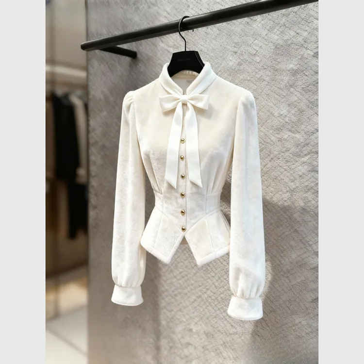 上衣法式掐白色减龄高级女冬洋气好看衬衫腰超保暖感轻奢丝绒加厚