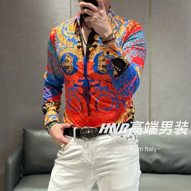 巴洛克风格多巴胺撞色设计皇冠奥钻点缀男士高端长袖衬衫82556