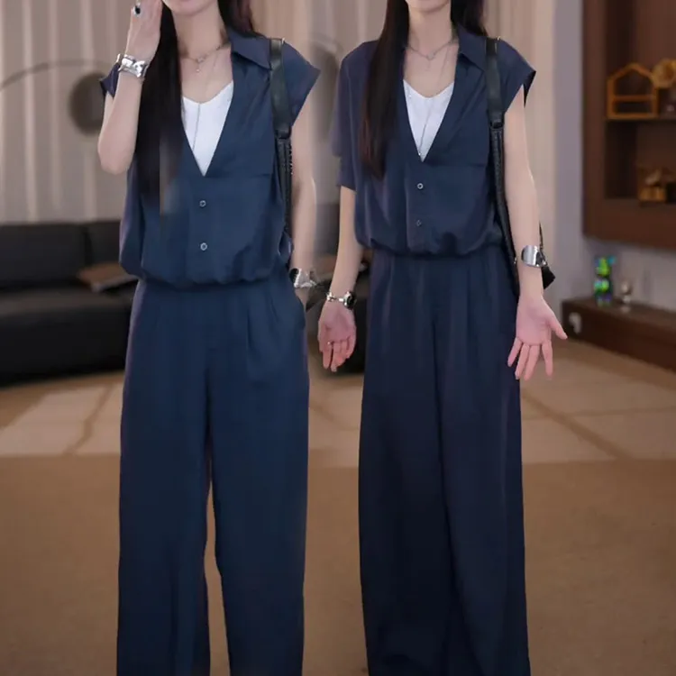 藏青色气质盐系穿搭休闲工装衬衣套装女夏季2025新款阔腿裤两件套
