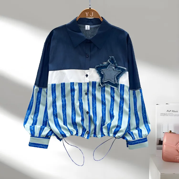 法式洋气长袖牛仔拼接条纹衬衫2025秋季宽松百搭收腰上衣品质女装