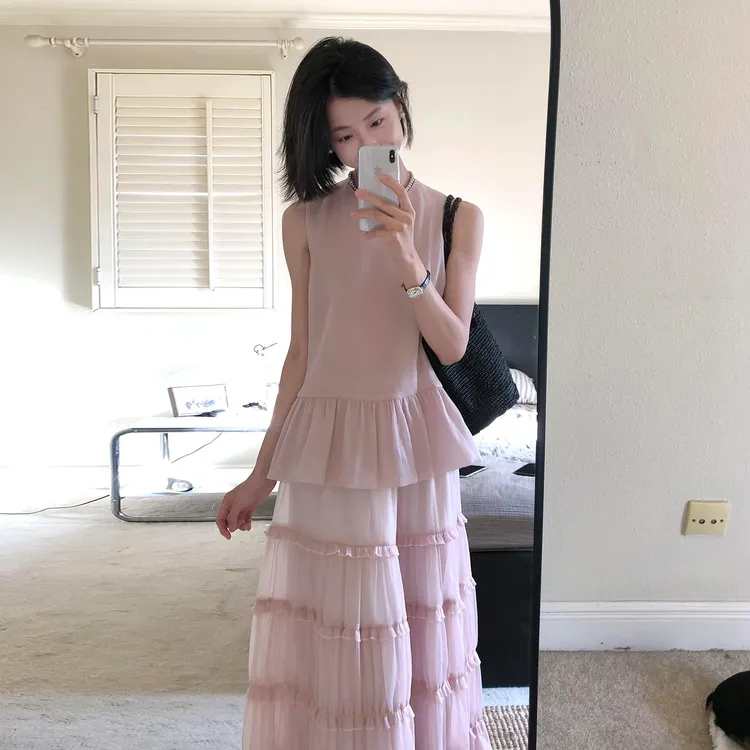 4683无袖荷叶边背心木耳边连衣裙子套装女夏季法式巨好看百褶长裙