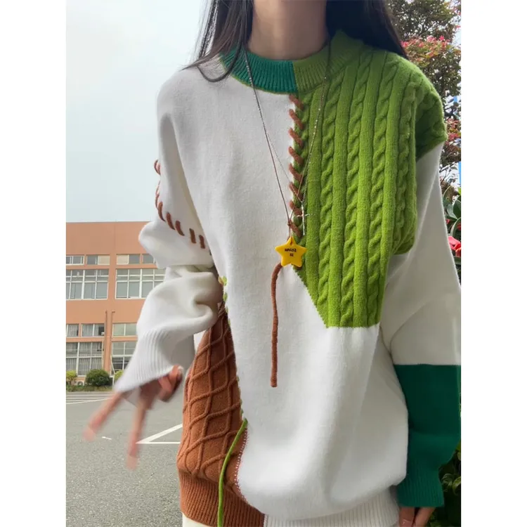 绿色拼接毛衣男秋冬高级感圆领套头针织衫美式复古vintage毛线衣