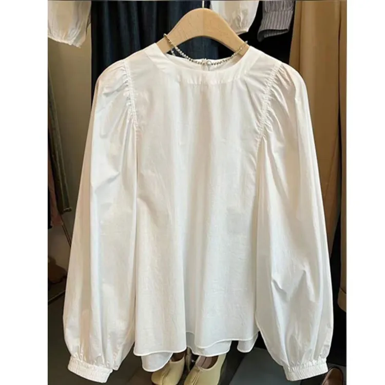时尚流行宽松显瘦圆领泡泡袖白色衬衫女上衣高端轻奢小众气质衬衣
