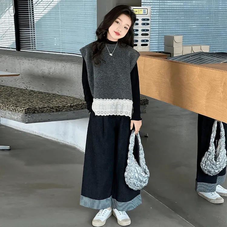 女童春秋装时髦套装毛衣中大童三件套2025新款网红牛仔洋气阔腿裤