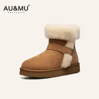 AUMU2025冬季新品雪地靴女皮毛一体时尚民族风翻毛真皮短筒靴2106