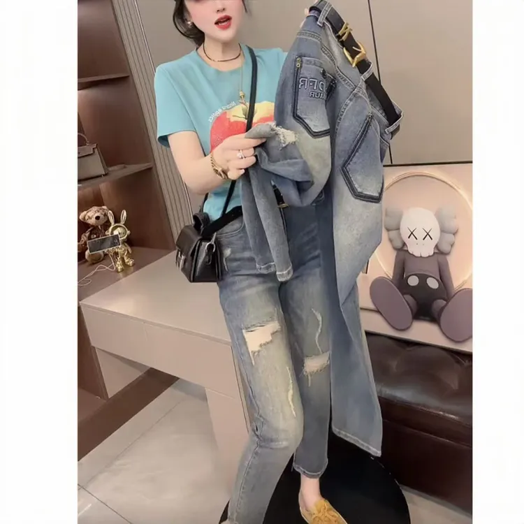 飞芊娅夏季新款破洞直筒牛仔裤女款高腰显瘦小个子弹力八分烟管裤