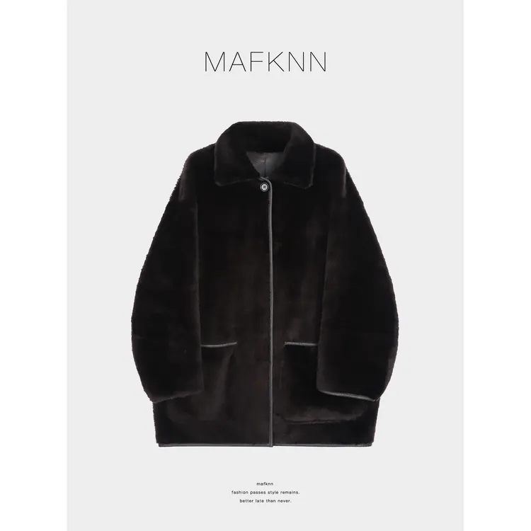 MAFKNN/玛肯时尚休闲简约纯色百搭秋冬羊毛革拉贡外套MK13510