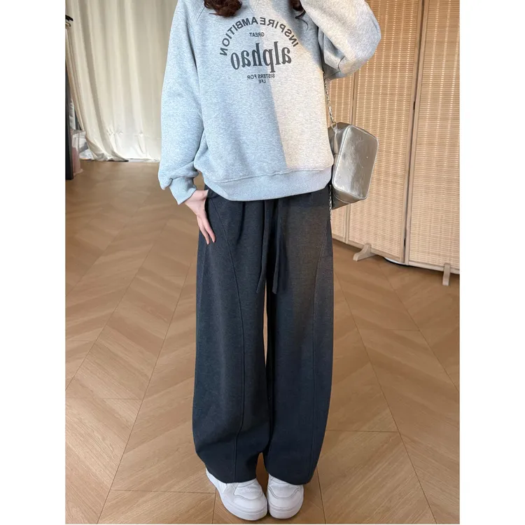 25年秋冬新款加绒加厚宽松运动裤小个子加厚弯刀直筒拖地裤女6935