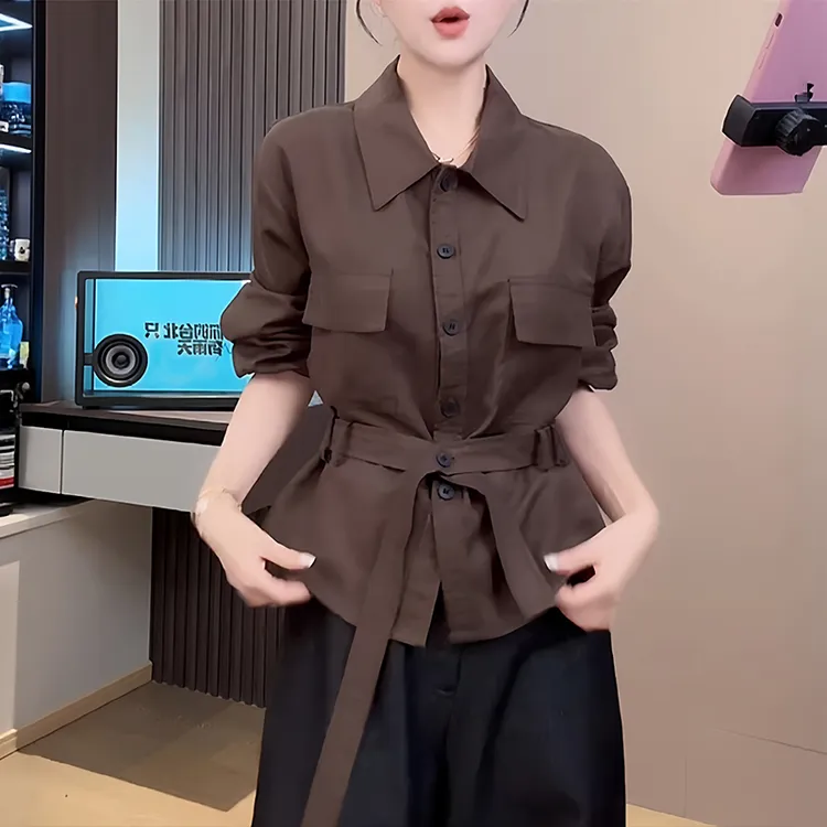 高级感咖色长袖衬衫女2025秋季新款收腰系带时尚减龄气质小众上衣
