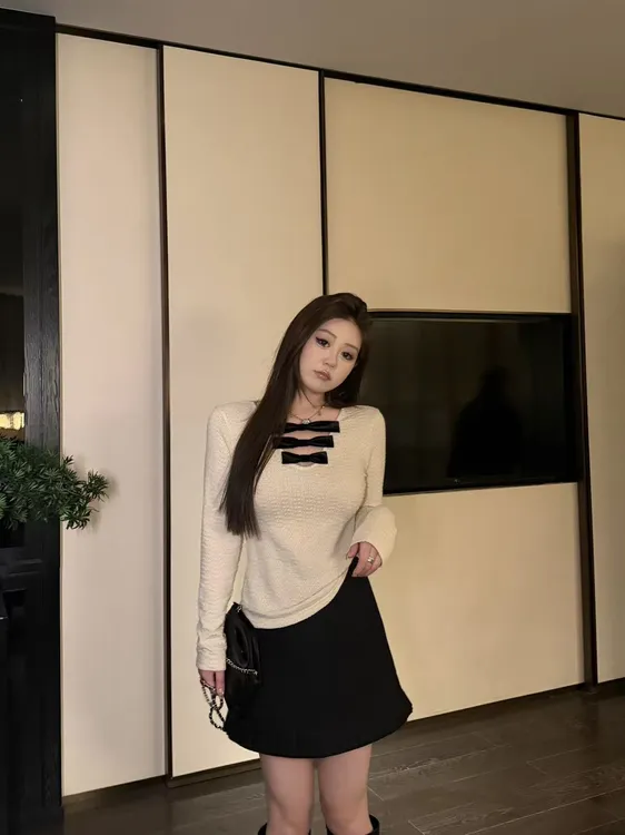 琪琪微微胖大码女装【绯闻主角】拼接蝴蝶结长袖毛针织衫T18208QQ