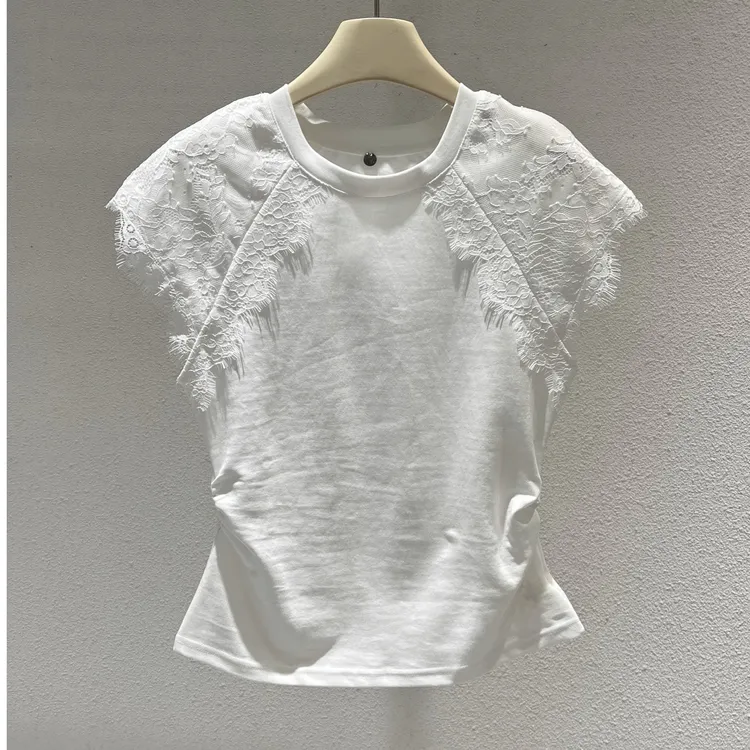 法式短袖圆领拼接蕾丝无袖T恤洋气百搭荷叶边泡泡袖设计感时尚感
